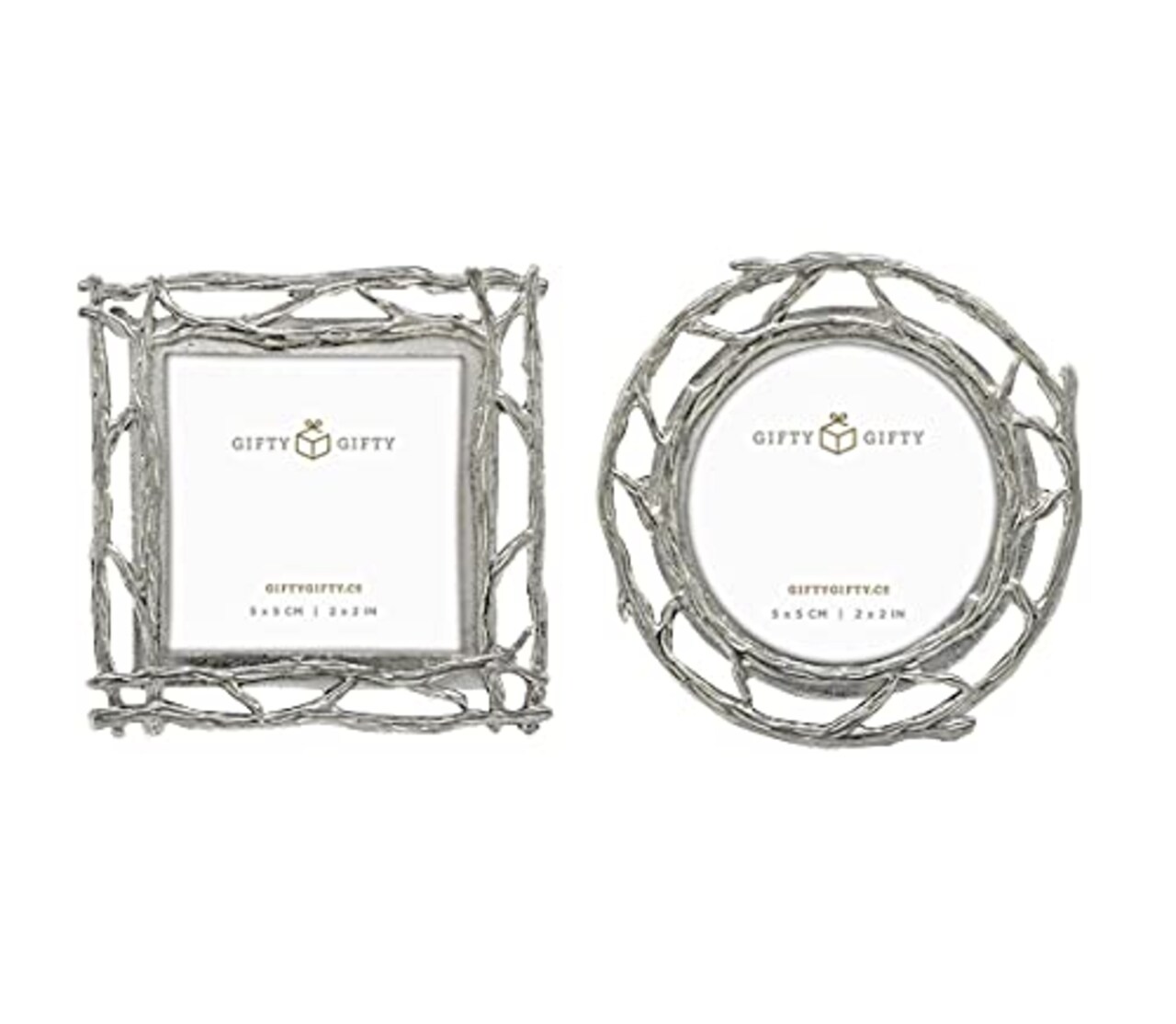 Tree Branch Small Picture Frame Set of 2 Cute Mini Photo Frame Set 1.75x1.75 in for Tabletop Display Desk Picture Frames Perfect for Home Decor Wedding Graduation Milestone Photos - Silver